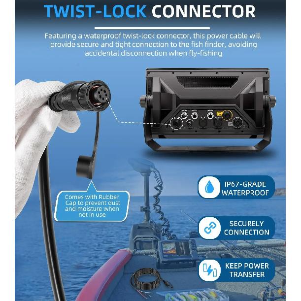 PC 13 Marine-Rated Power Cable W/Twist-Lock Connector (10 Feet) #720110-1 for Humminbird, APEX, XPLORE, MEGA Live Imaging