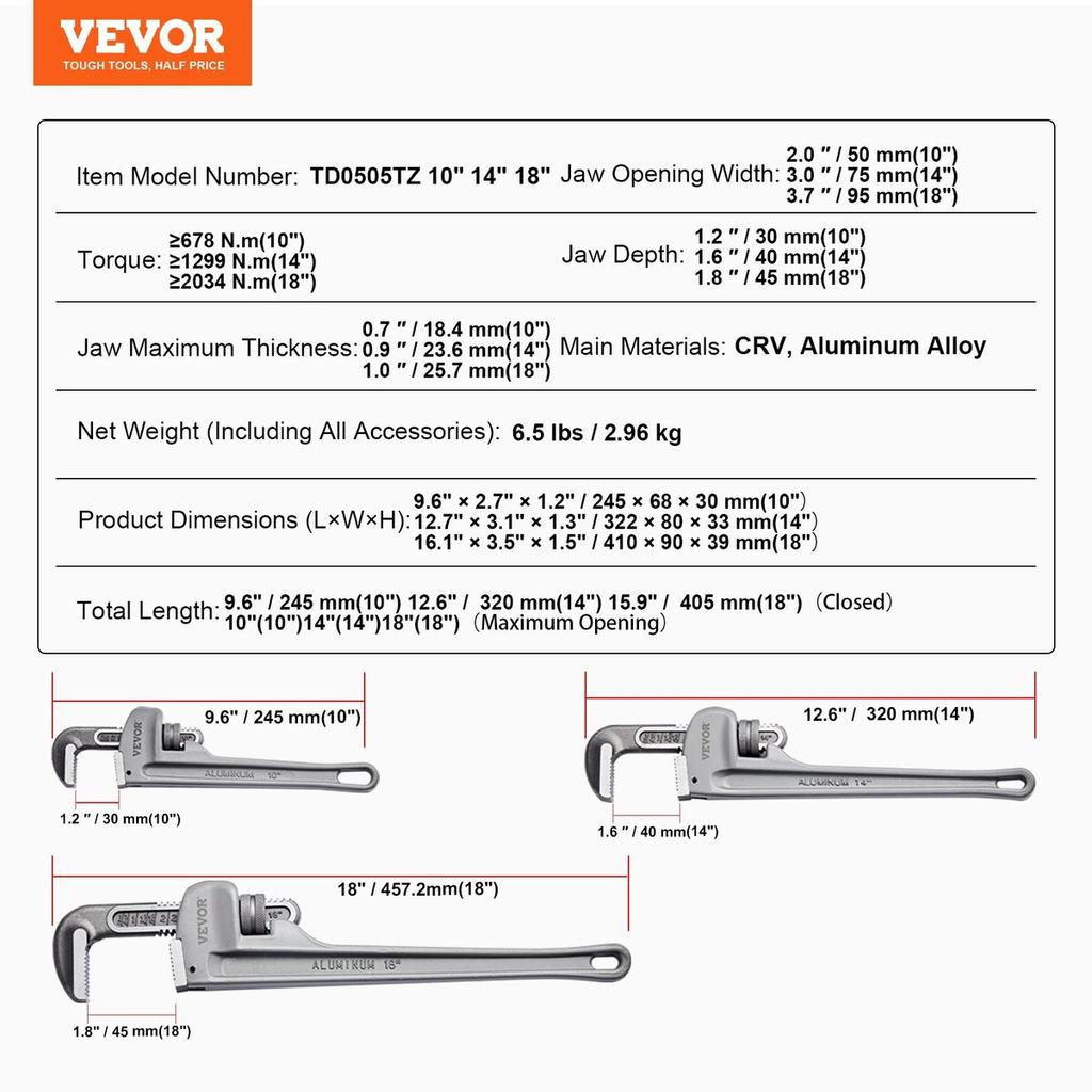 3PCS Aluminum Straight Pipe Wrench Set 10/14/18 in Plumbing Wrench CRV Jaw