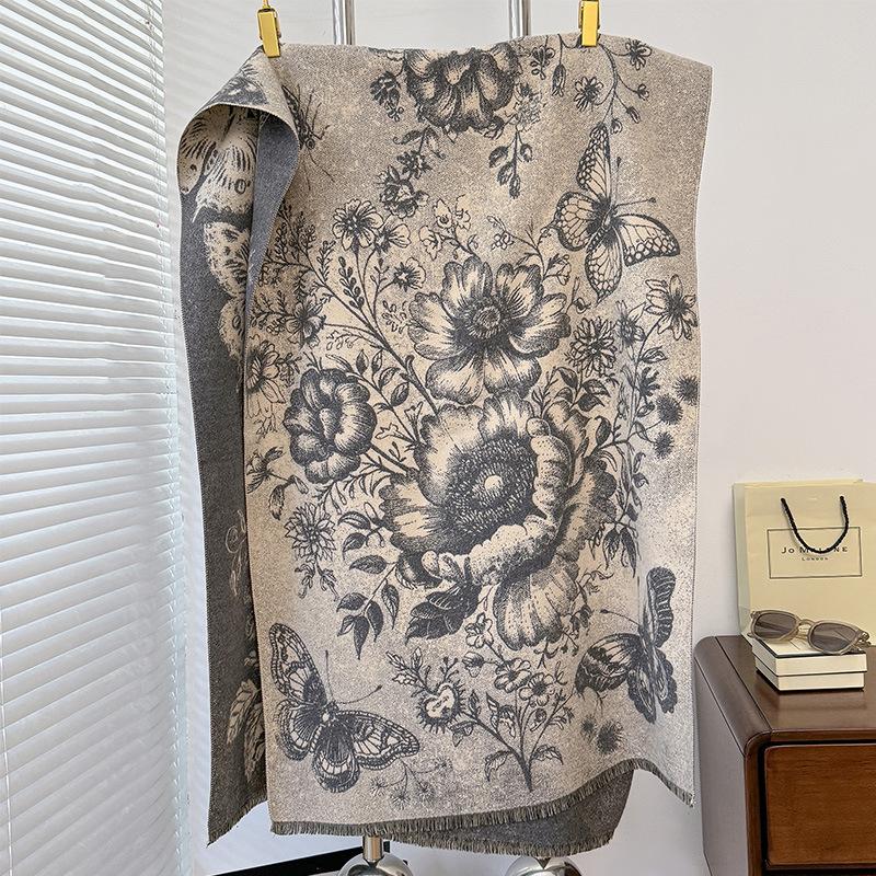 Autumn And Winter Peony Butterfly Style Retro Literary Style Printing Women'S Warm Scarf Shawl