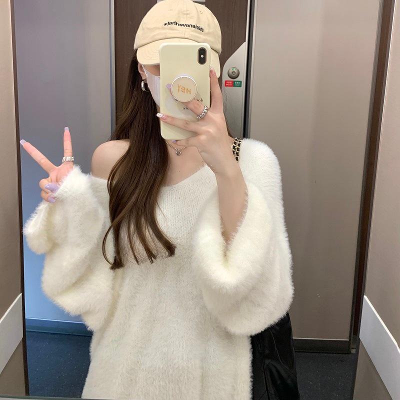 Women's Off-Shoulder Mohair Knit Sweater - Soft, Loose, and Stylish for Autumn/Winter