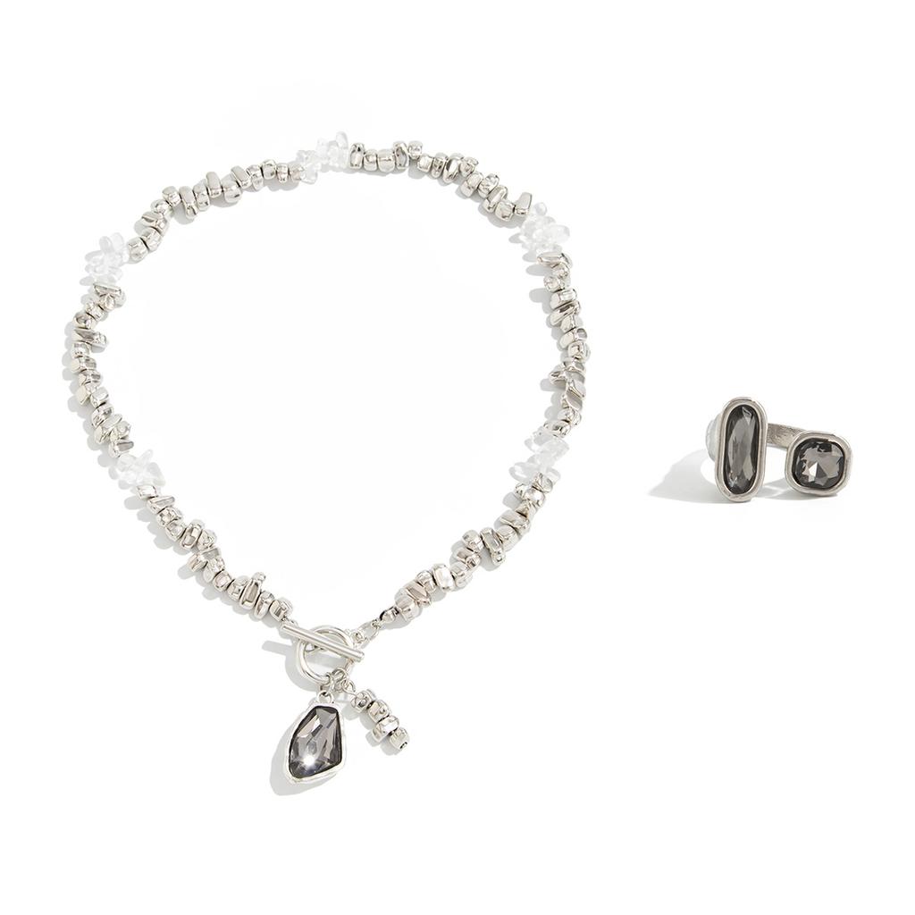 SHIXIN 2Pcs/Set Luxury Rhinestones Acrylic Pendant Necklace Ring for Women Charm Adjustable Opening Jewelry Set Accessories