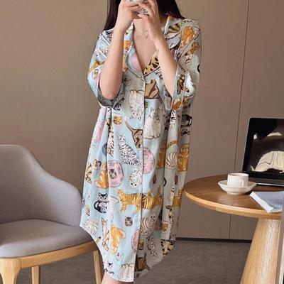 Летняя ночная сорочка из ледяного шелка большого размера, которую можно носить на улице, пижама с мультяшным принтом кошки и лацканами, одежда для дома