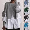 Women Autumn Sweater Long Sleeves Irregular Button Decoration Loose Color Matching Warm Patchwork Crew Neck Autumn Blouse Female Clothes