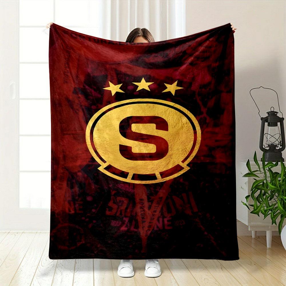 "Golden 'S' Emblem on Red Background" Patterned blanket, flannel, suitable for all seasons, home decor, warm and cozy
