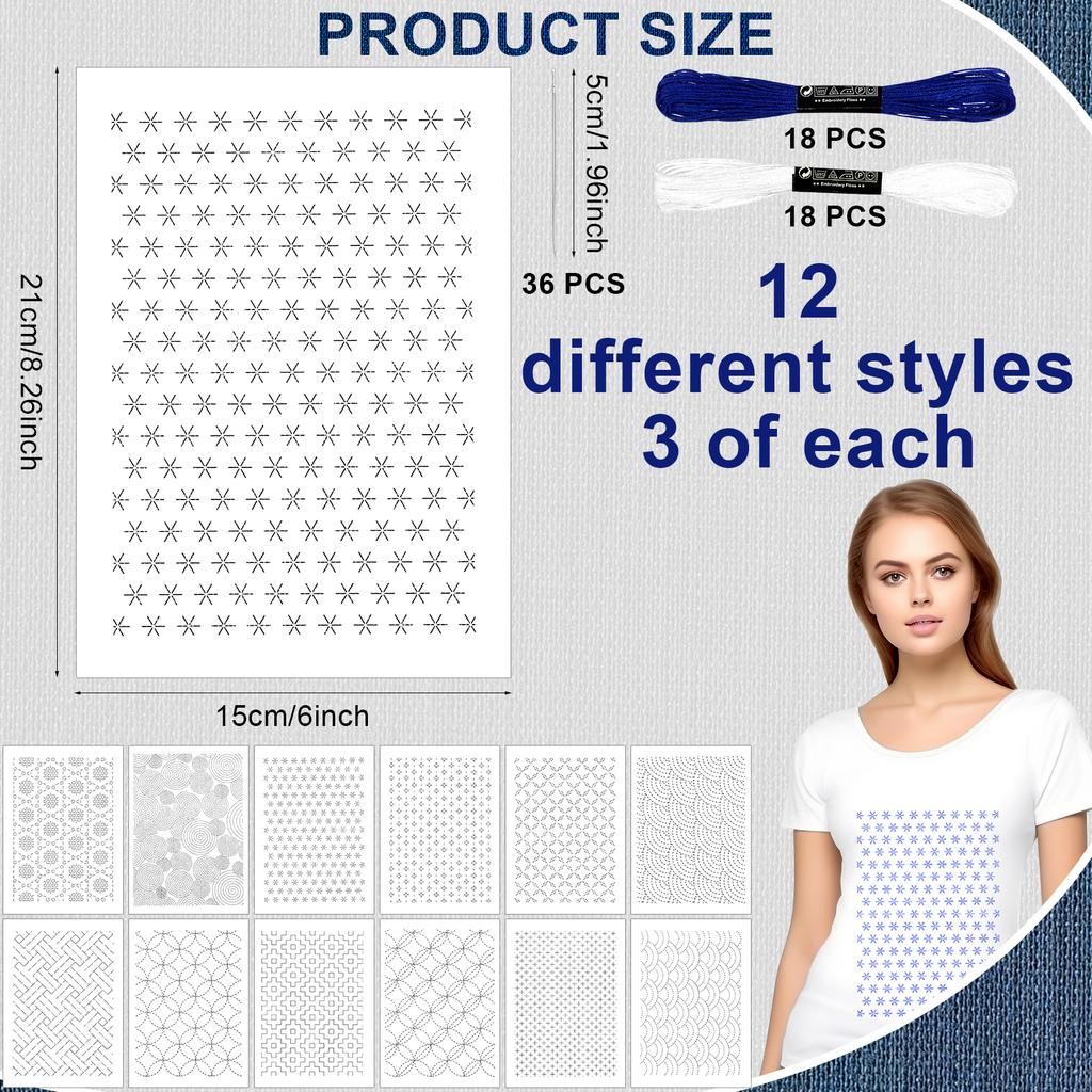 108Pcs Sashiko Embroidery Pattern Set Stabilizers Water Soluble Embroidery Transfer Stencils Stabilizers Embroidery Paper Stick