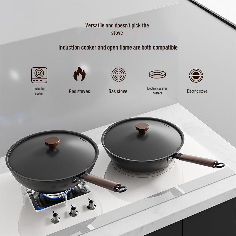 ZISIZ 28cm Flat-Bottom Iron Wok with Lid