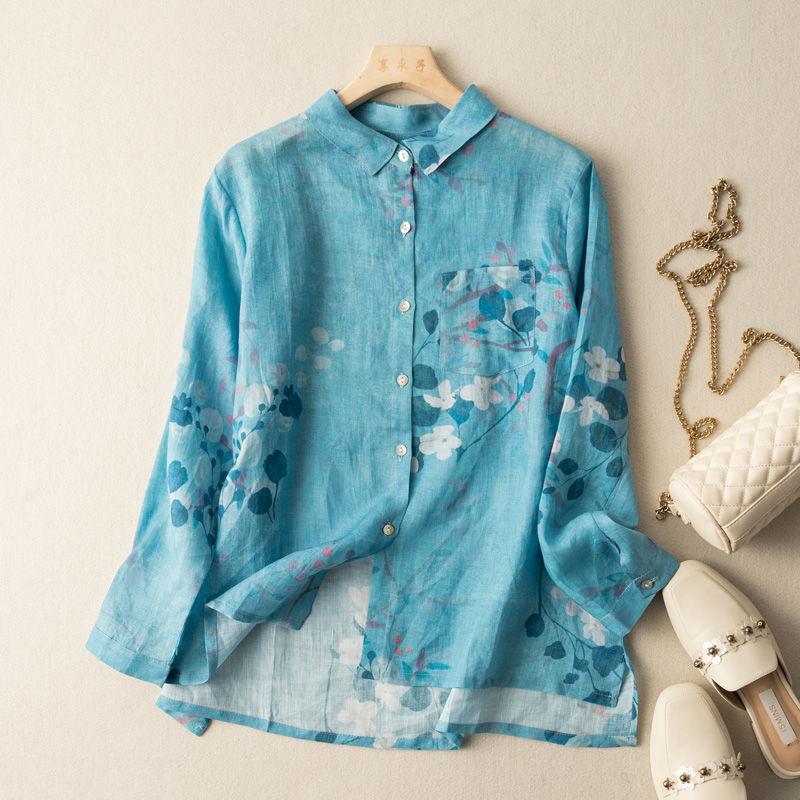 Fashionable Chinese Style Cotton and Linen Top Printed Shirt Retro Long Sleeve Floral Temperament Versatile Cardigan