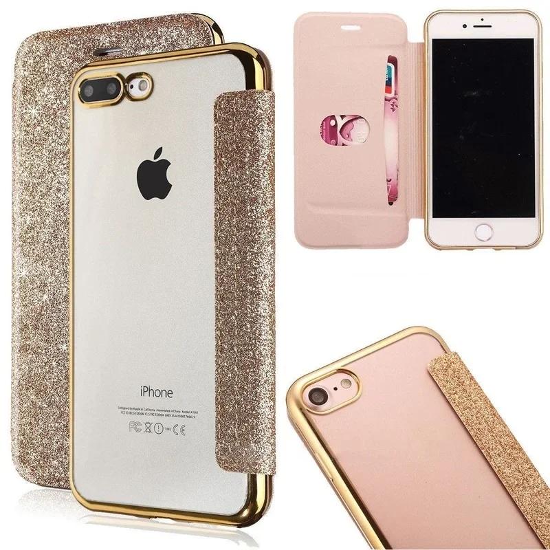 Роскошный блестящий кожаный чехол-книжка для iPhone 16 Pro Max 15 Plus 14 13 12 11 XS XR X SE 2026 Прозрачная блестящая задняя крышка из ТПУ