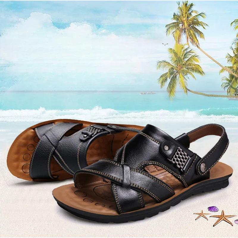 Летние новые кожаные мужские сандалии для отдыха на открытом воздухе, нескользящие мужские тапочки, повседневные сандалии с мягкой подошвой, мужские римские удобные туфли для ходьбы