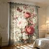 2Pcs Vintage Rose & Butterfly Print Curtains, Polyester Rod Pocket Digital Print Semi-Transparent Curtains, Multi-Size Options F
