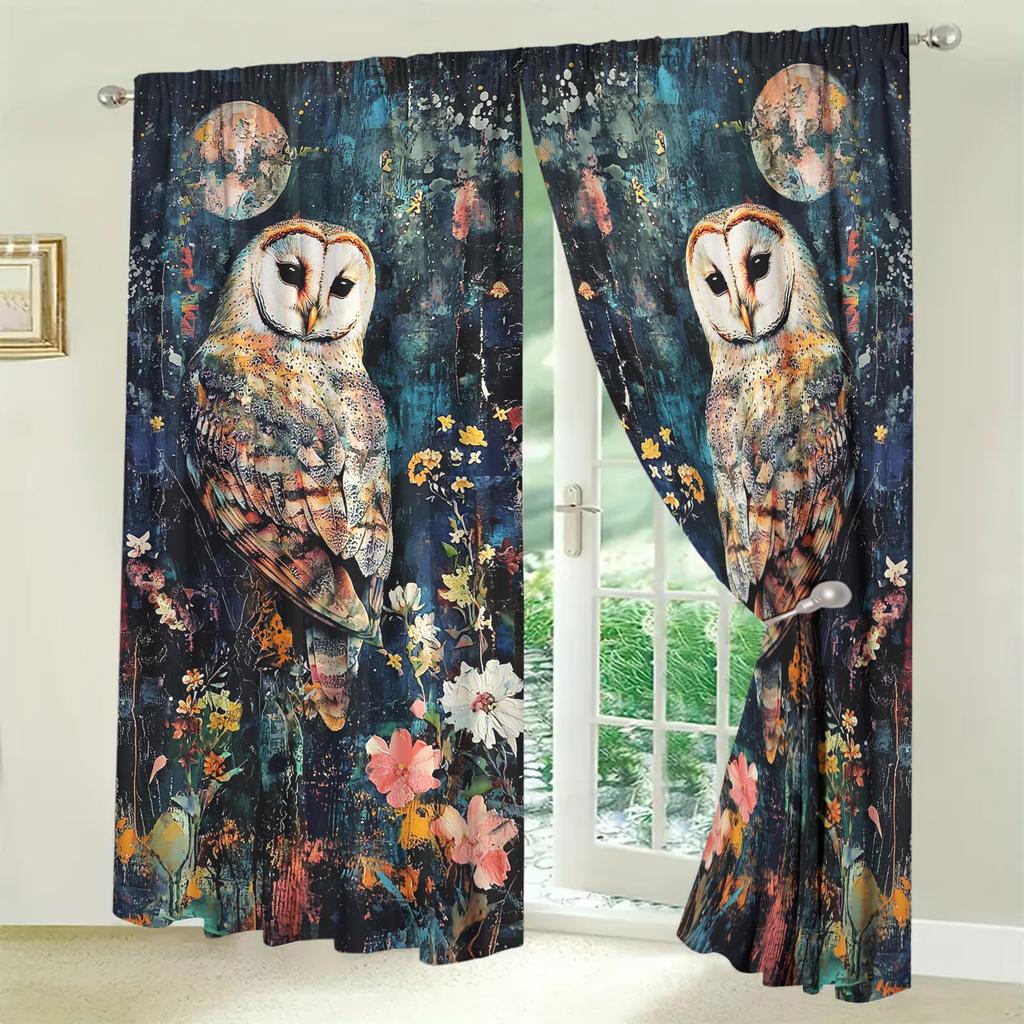2pcs Retro Owl Oil Painting Printed Curtain for Home Decor - Rod Pocket Window Treatment for Bedroom, Office, Kitchen