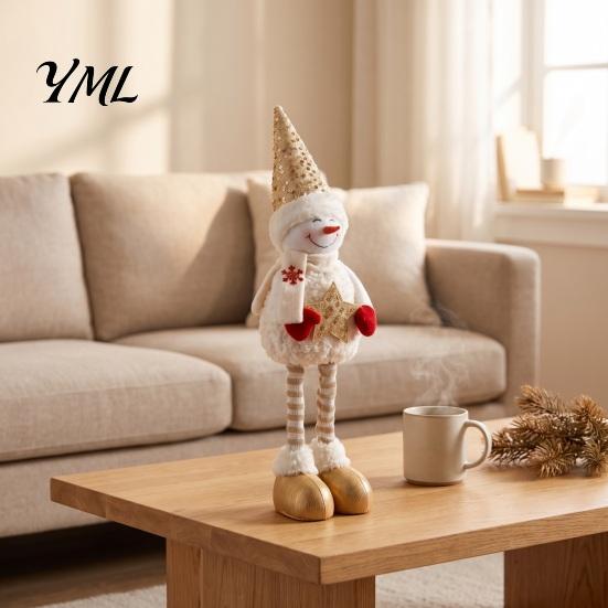 Stuffed Snowman Tabletop Decor Christmas Plush with Extendable Legs, Sequins Hat Holding Star Winter Home Doll, Standing Long Legs Xmas Decoration