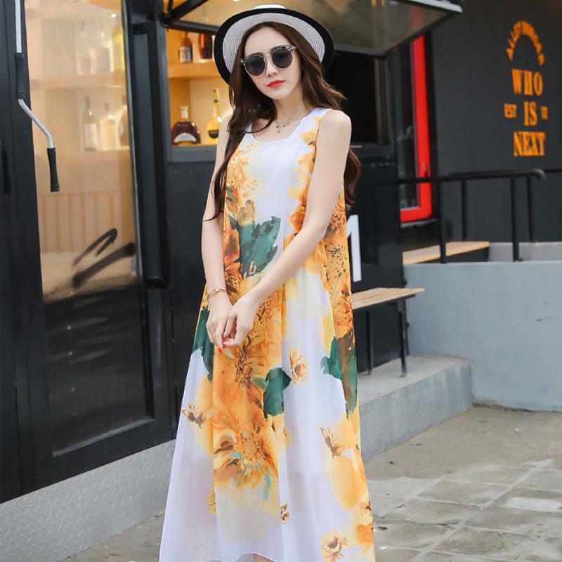 Сарафаны с рюшами и подолом, шифоновое платье без рукавов с принтом, женское L-XXXL, большие размеры, летний свободный длинный жилет до щиколотки