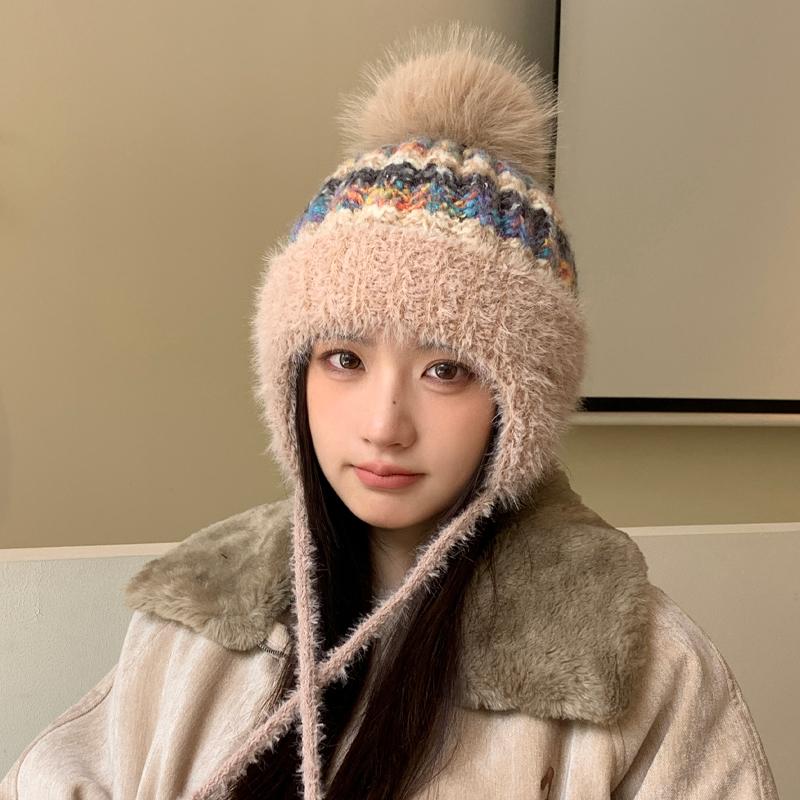 Новая осенне-зимняя теплая плюшевая шапка, вязаная шапка, женская модная шапка с ушками, ветрозащитная шапка