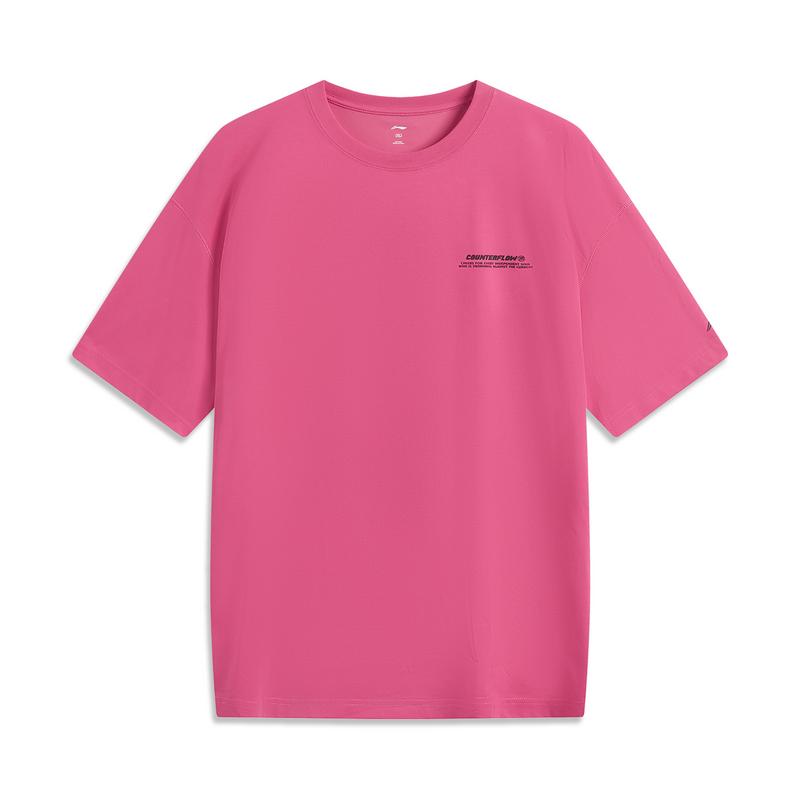 Li Ning CF Однотонная футболка с надписью, круглым вырезом, ледяная на ощупь, удобная, антибактериальная, с коротким рукавом, мужская футболка, ярко-розовая ATSV189-7