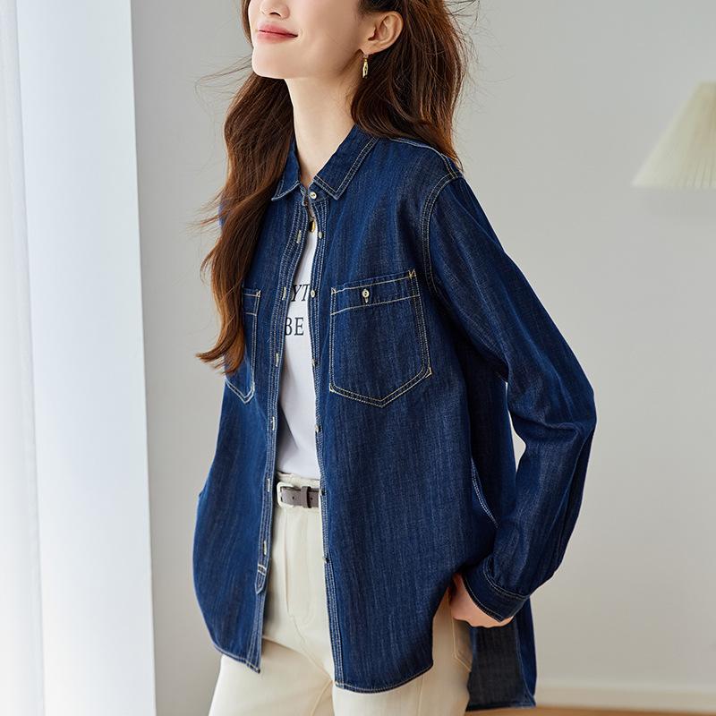 Женская джинсовая рубашка синего цвета средней длины на весну и осень, новая свободная куртка с плечевыми швами