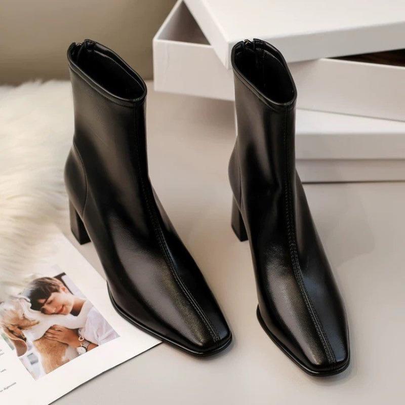 Fashion 2024 Spring and Autumn New Fashionable Square Head Solid Color Women's Short Bare Boots Comfortable Single Boots for Women