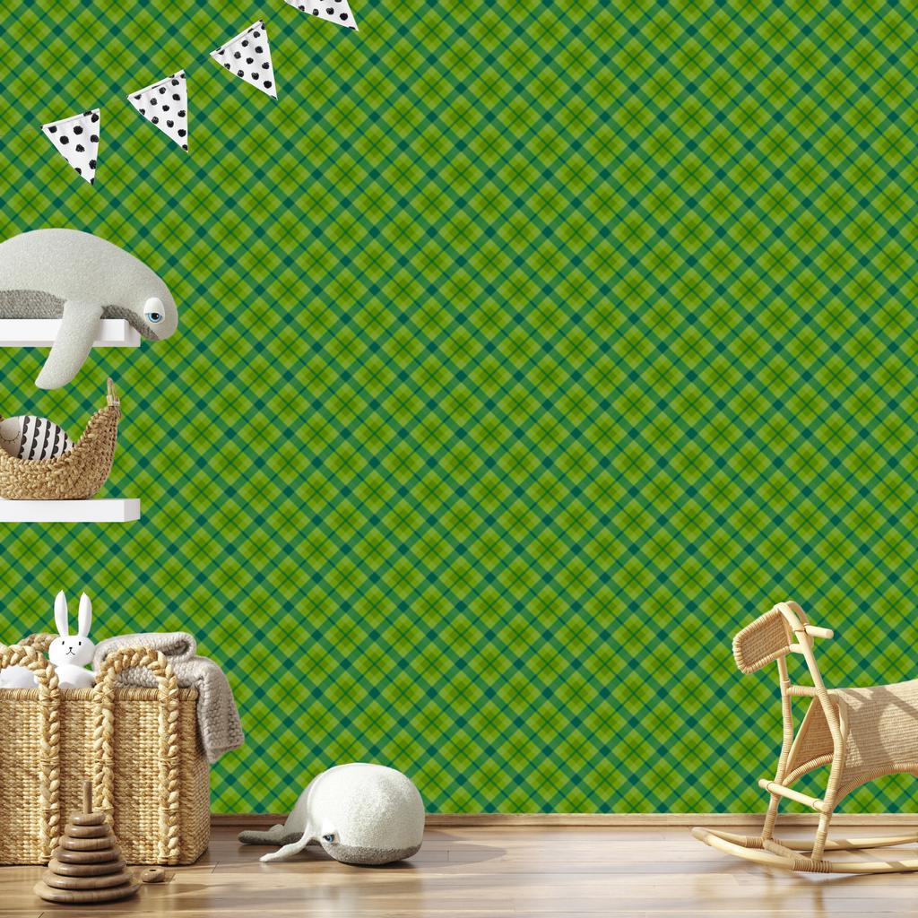 Green Check Wallpaper Lime, Green and Sea Blue 50x1000