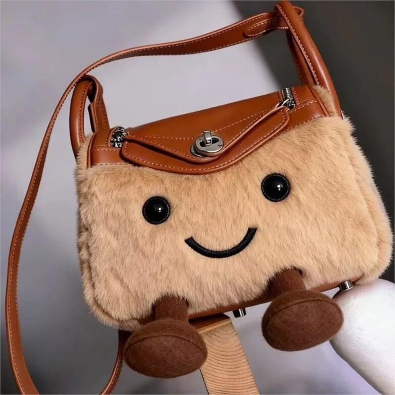 Sweet Lovely Plush Handbag Women Brown Cartoon Large Capacity Shoulder Bag Ladies Patchwork Crossbody Bag Winter Arrival