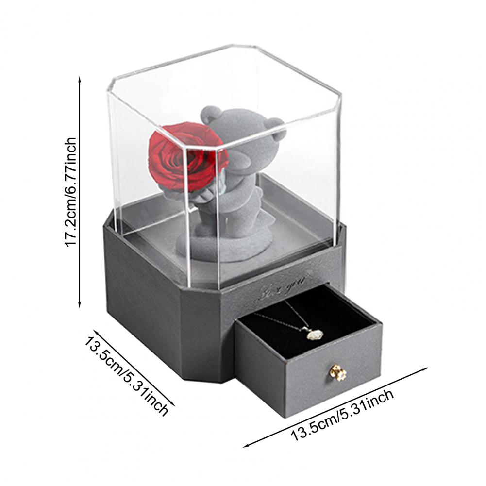 Flocking Bear Figurines with Preserved Rose Eternal Rose with Gift Box Romantic Gift for Girlfriend Wife Valentine's Day Gift