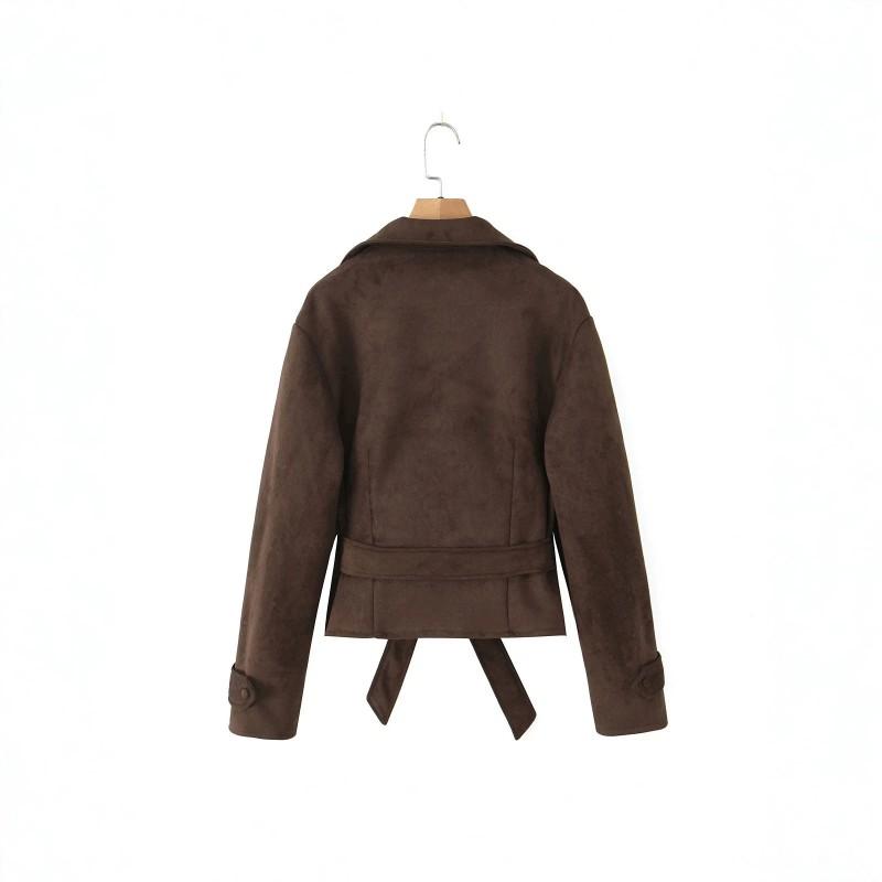 Womens Suede Faux Leather Blazer Jacket With Notched Lapel Double Breasted Long Sleeve 2026 Vintage Chic