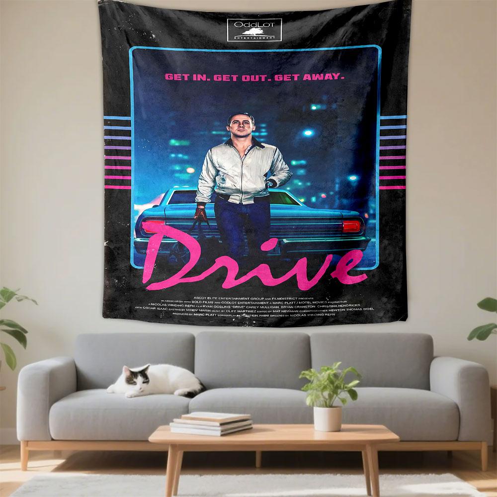 Neon-lit urban backdrop with retro typography and a lone central figure. Patterned tapestry for bedroom and living room home decor