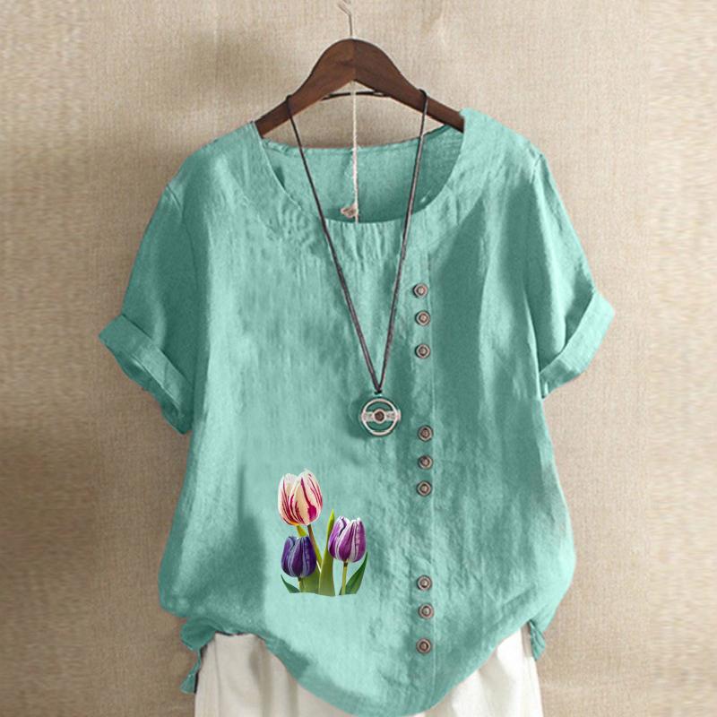 Women's Fashion Round Neck Short Sleeve T-shirt Casual Cotton Linen Graphic Shirt Tulips Prined Summer Blouse Tops