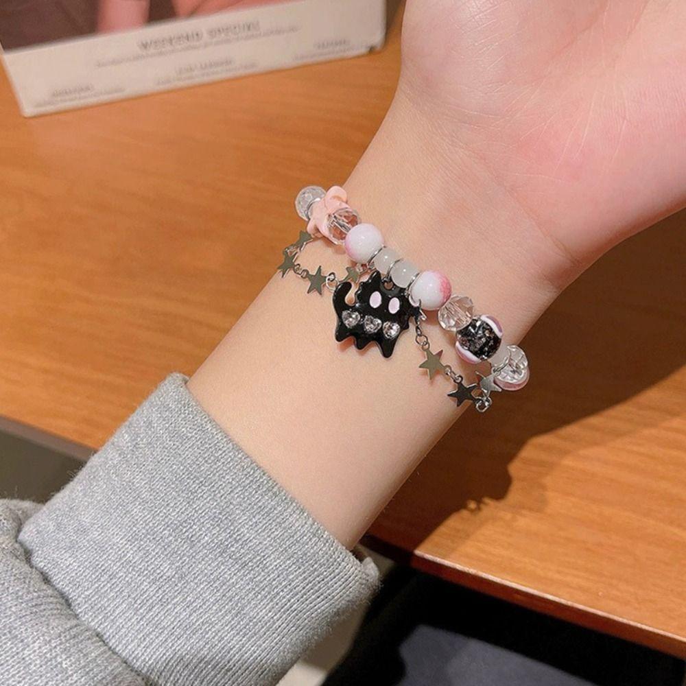 Y2K Pentagram Star Bangle Bow 2 Layer Hand Chain Exquisite Black Cat Heart Bracelet  Girl