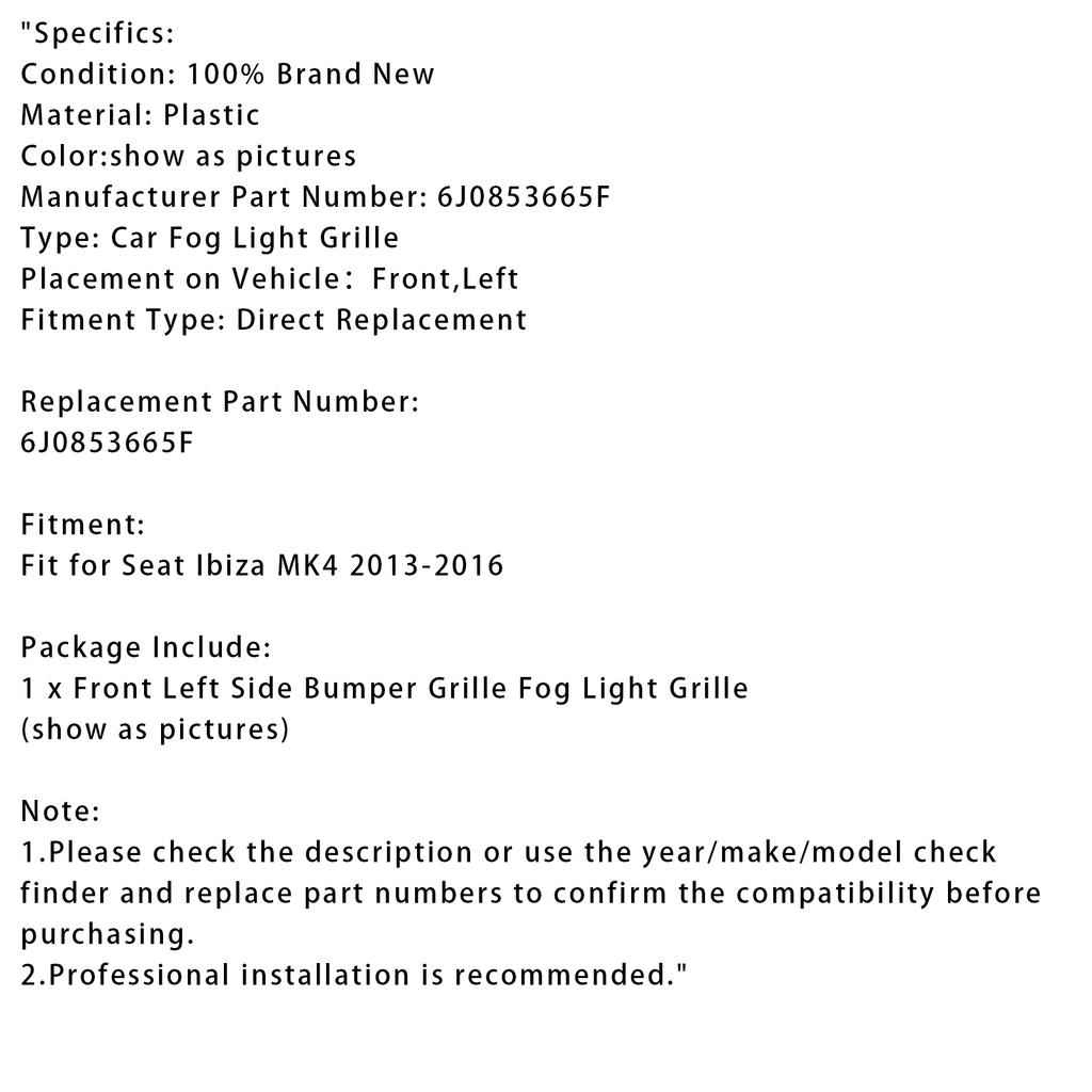 Fog Light Grille Left Side 6J0853665F For Seat Ibiza MK4 2013-2016