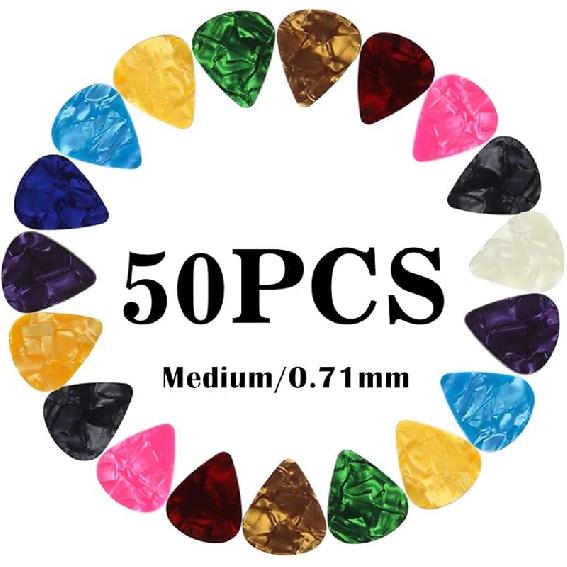 Guitar Picks Thin Light Soft Gauge Assorted Pearl Variety Pack Celluloid - 50 Pcs Mixed Colorful - Plectrums for Gift Acoustic Guitar, Bass and