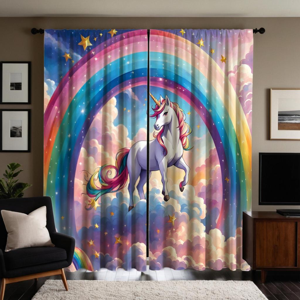 2pcs  HD Cartoon Rainbow Unicorn Decorative Curtain Color Tie Digital Printed Curtain Home Decoration Style Decoration Living