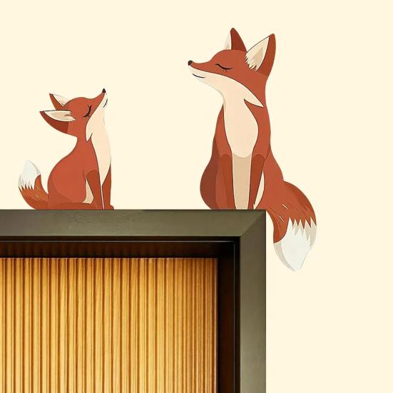 1 Set Wooden Fox Door Corner Decoration Mother Little Fox Door Frame Sign Forest Animal Front Door Edge Topper Sitter Ornament