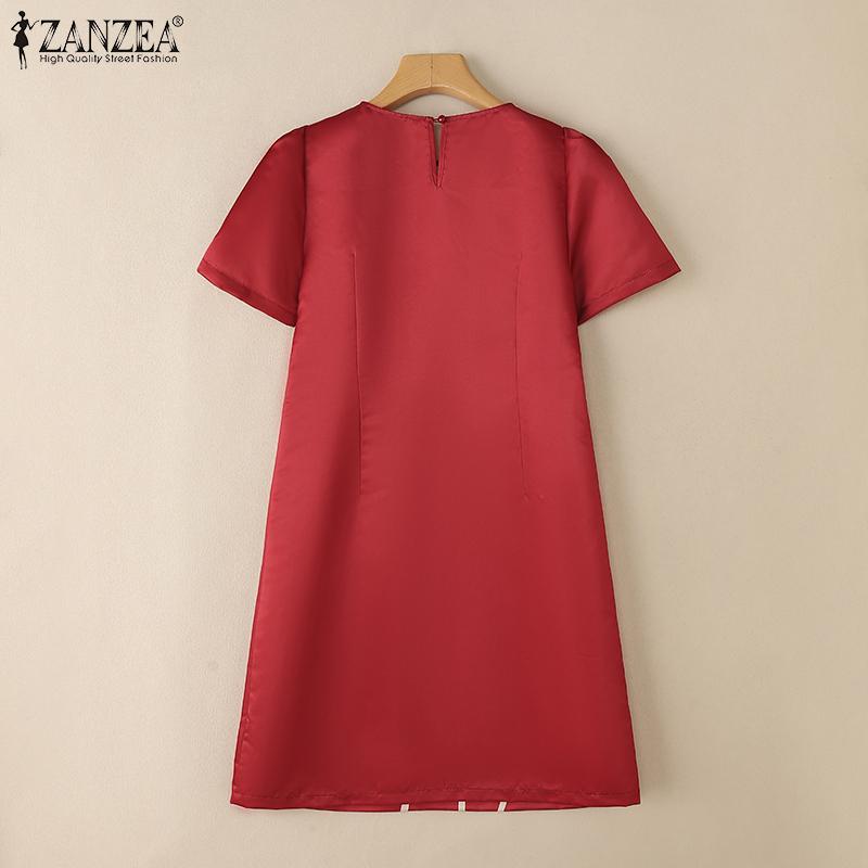 ZANZEA Женское повседневное летнее платье с круглым вырезом и коротким рукавом с принтом