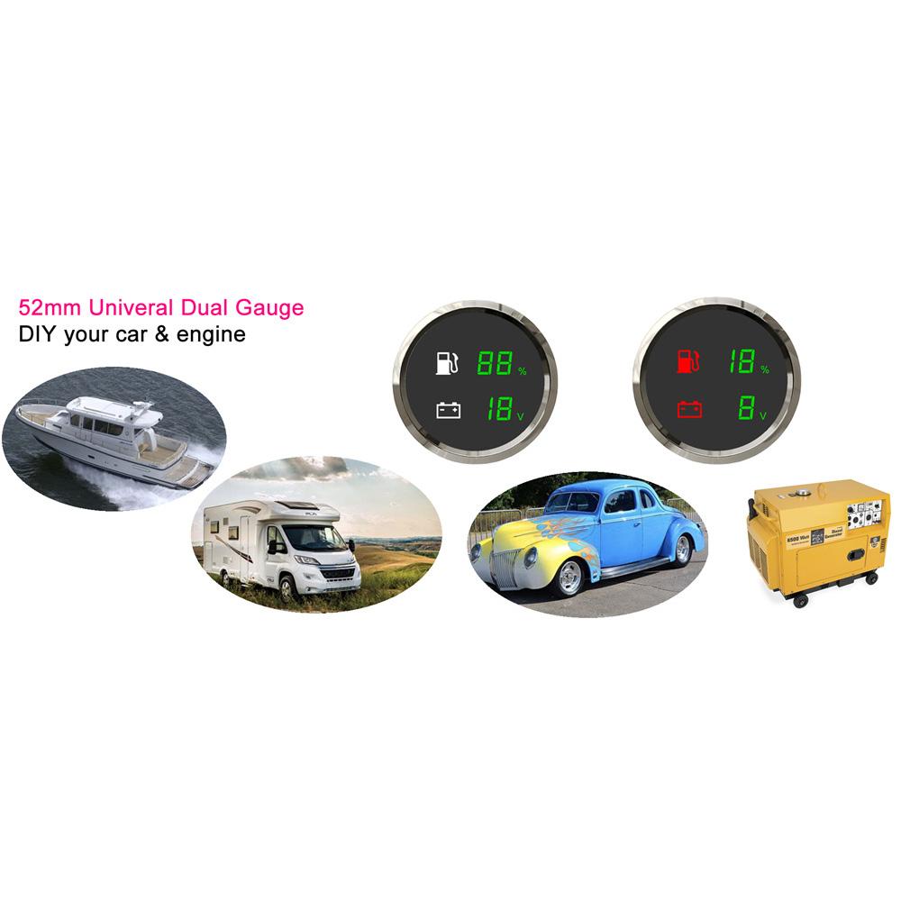 Цифровой светодиодный измеритель 12 В / 24 В, 52 мм, 2 в 1, Напряжение + Уровень топлива, Двойной датчик, Водонепроницаемый