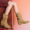 Retro Suede Western Cowboy Boots Women's 2024 Autumn New Thick Heel Pointed Pleated Piled Boots Slim Knight Boots