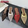 Fashion Pointed Toe Fashion Mesh Women Heeled Slippers Shoes Mules Ladies Low Heel Slippers Female Slides Sandals Pumps Big Size 43