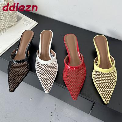 Модные женские туфли-мюли с острым носком, из сетки, на каблуке, шлепанцы, женские шлепанцы на низком каблуке, женские шлепанцы, сандалии, туфли-лодочки, большой размер 43