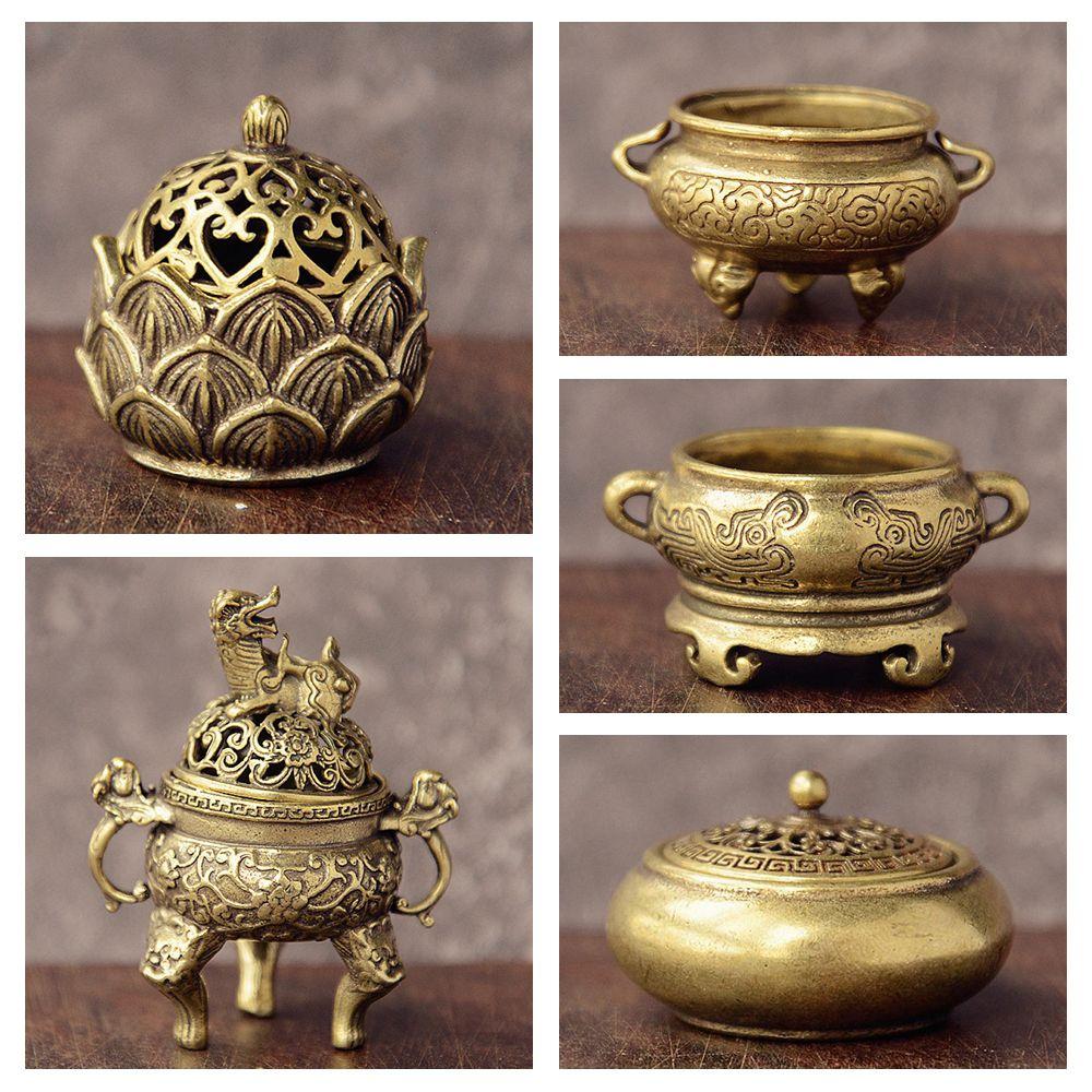 Desktop Ornaments Home Decoration Retro Brass Censer Hollow Lotus Incense Burner Mini Qilin Head