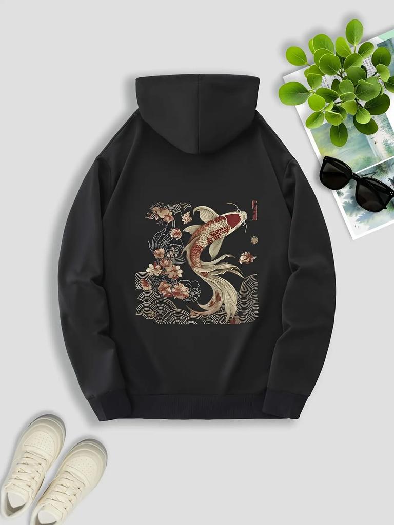 Men's Koi Fish Print Hoodie with Kangaroo Pocket- Casual Long Sleeve Sweater, Drawstring, Autumn W