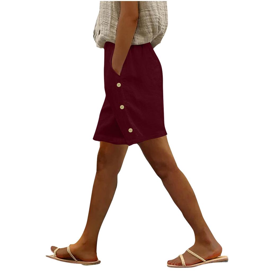 Женские модные повседневные свободные однотонные шорты из хлопка и льна с боковыми карманами на пуговицах и средней талией