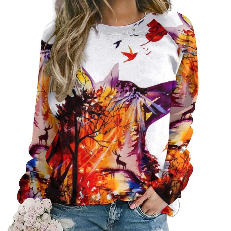 Осенние милые толстовки с лисой, женские повседневные худи с круглым вырезом и 3D-принтом животных, Y2k пуловеры, топы в стиле Харадзюку, женская одежда