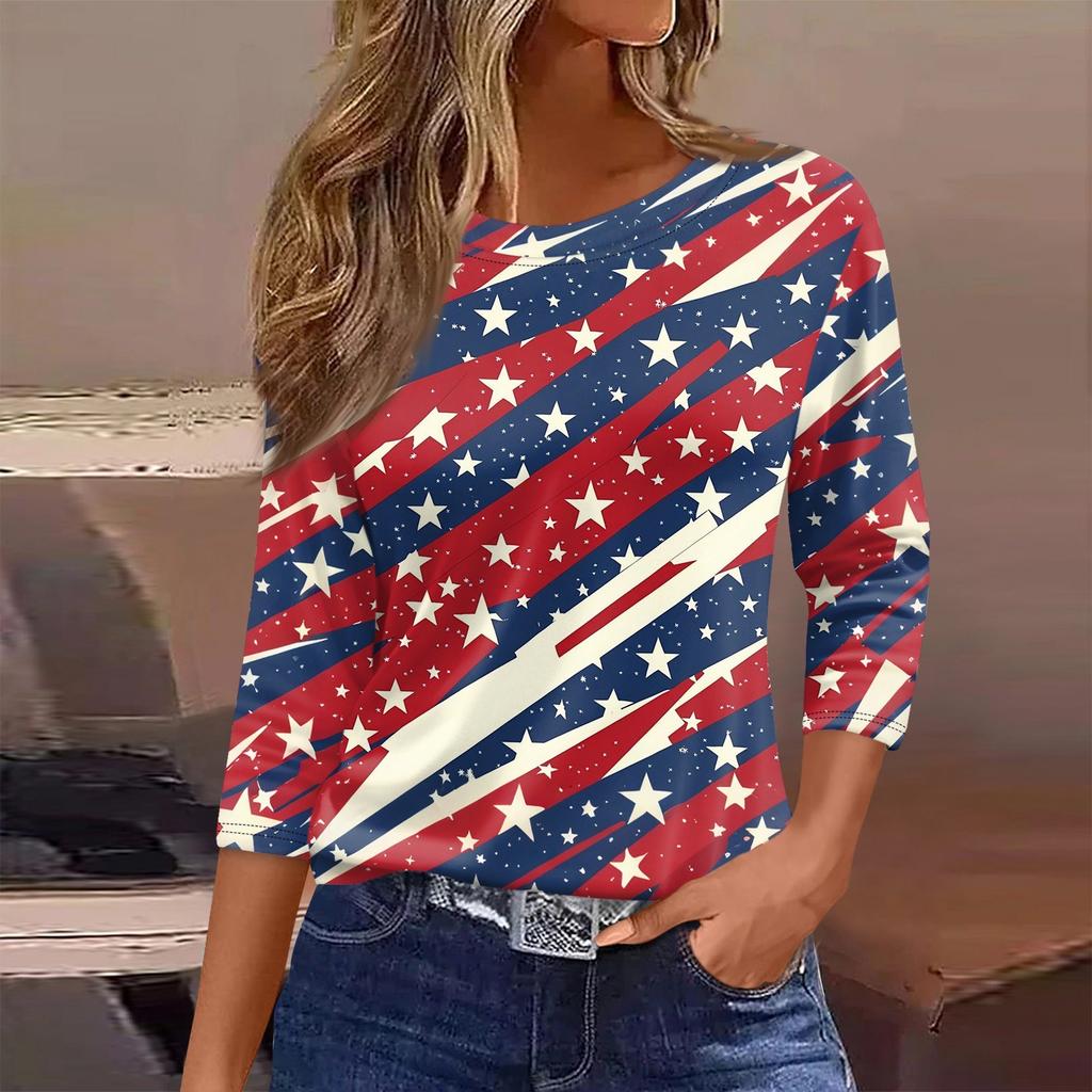 Women’s Long Sleeve Crewneck Top with Printed Star and Stripe Pattern Casual Loose Fit Pullover Shirt for Everyday Wear