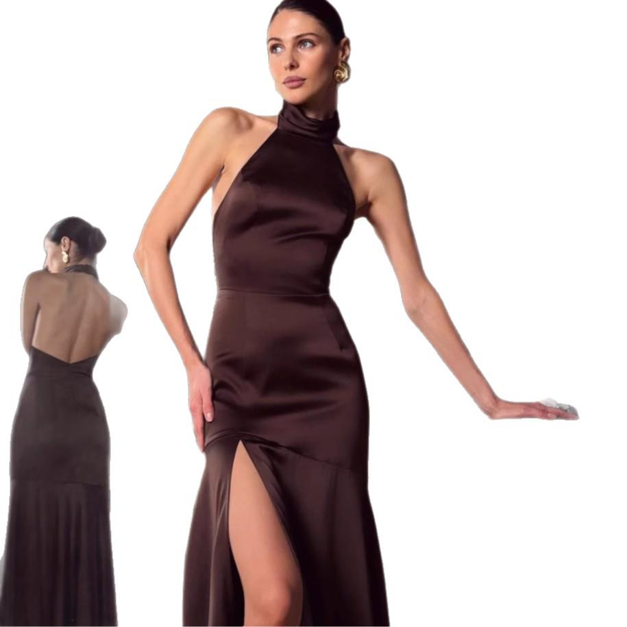 Летнее атласное платье с высокой талией и вырезом на шее - Европейский и американский стиль, 2025