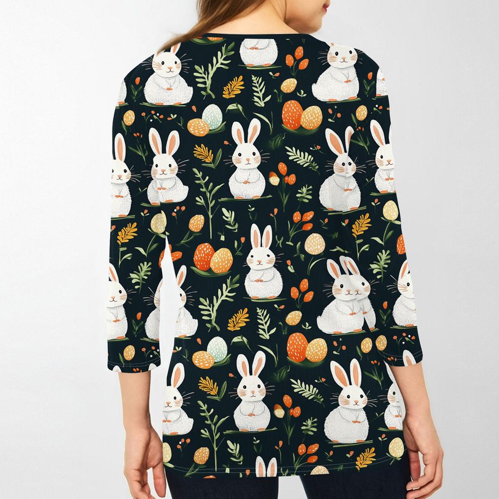 Women's 3/4 Sleeve Easter Egg Bunny Print Button Collar Fashion Casual Top