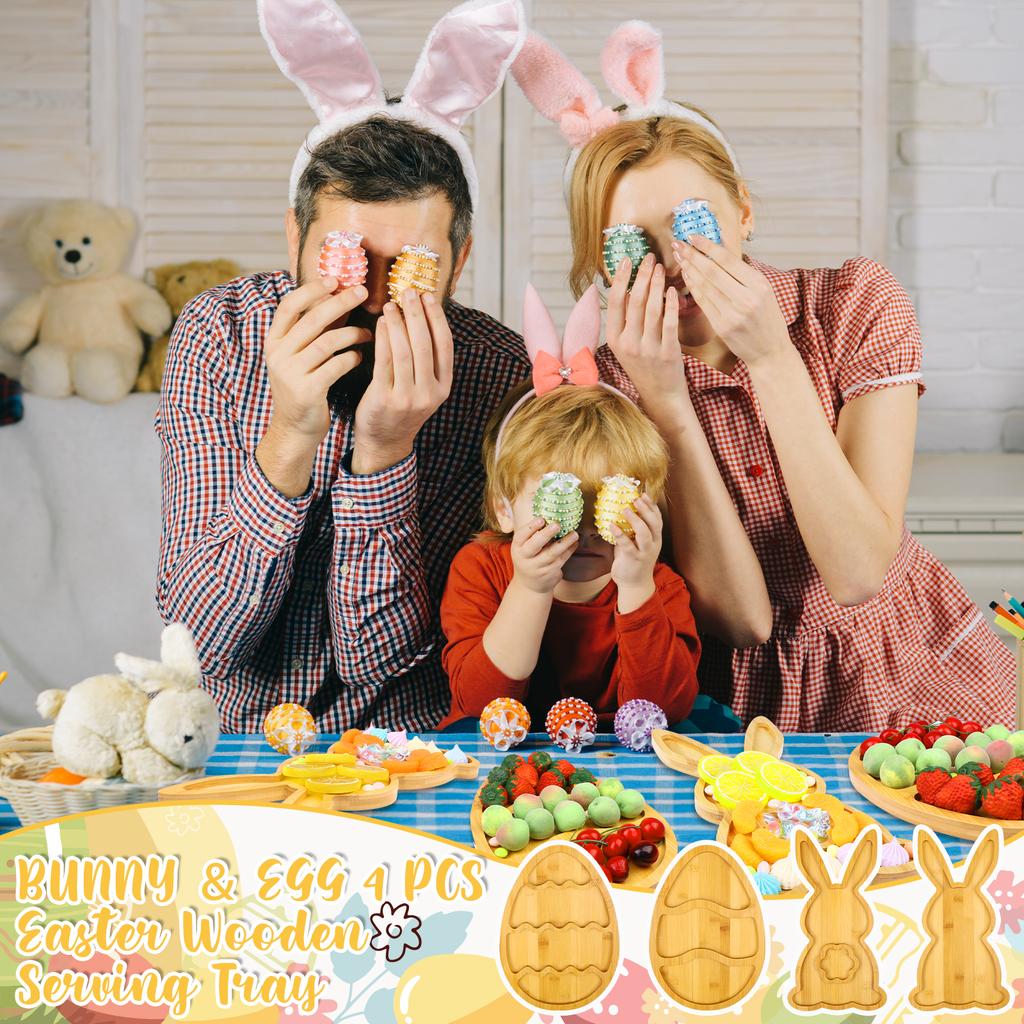 Haiabei 4 шт. Пасхальный деревянный поднос Кролик Доски для закусок Яйцо Деревянное сервировочное блюдо Декоративный кролик в деревенском стиле Тарелка для салата