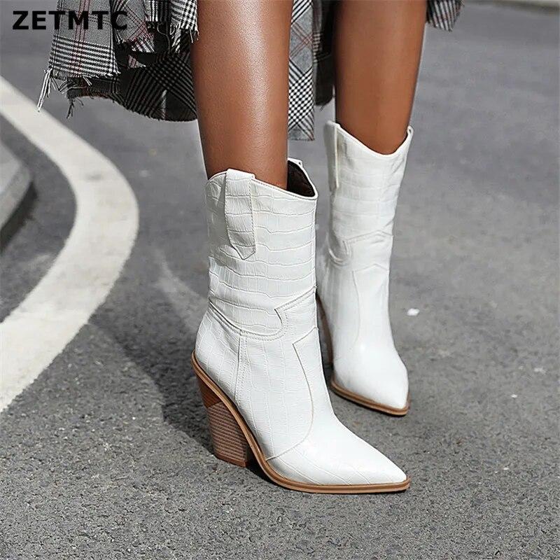 Snake Print Western Cowgirl Boots White Black Yellow Faux Leather Cowboy Ankle Boots For Women Wedge High Heel Boots Chunky