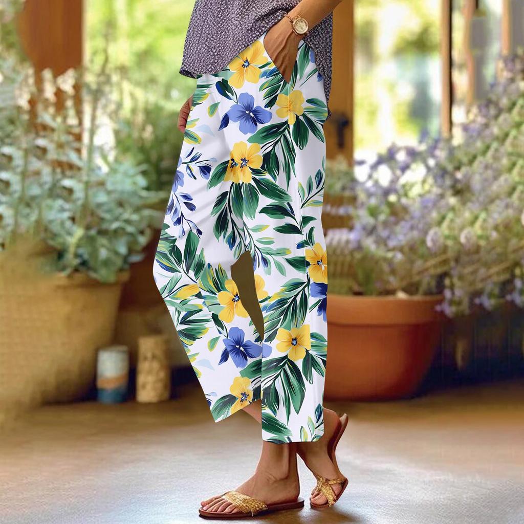 Women's Fashionable Floral Print Straight Leg Pocket Elastic Waist Casual Pants Pants