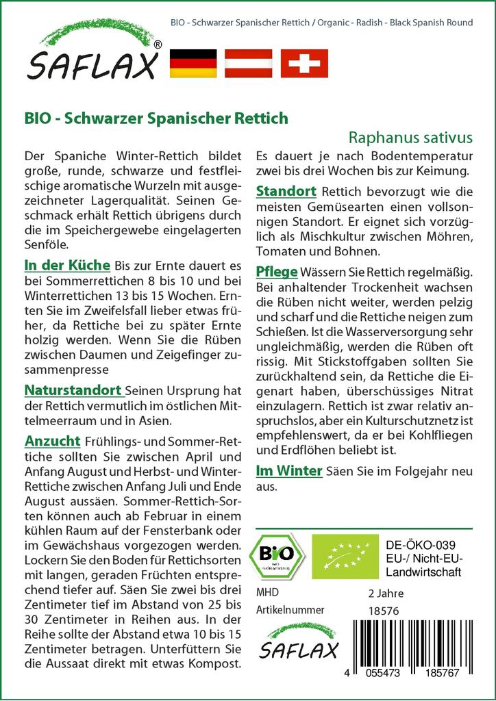 SAFLAX Сад в сумке - Органический - Редис - Черный испанский круглый - 100 семян - С субстратом в подходящем стоячем мешке - Raphanus sativus