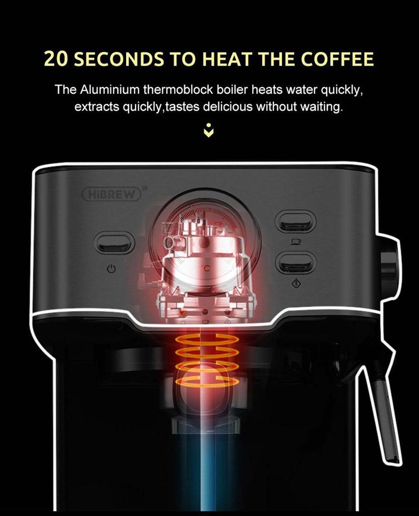 HiBREW H5 1050W Coffee Maker, 20 Bar Semi-Auto Cappuccino Espresso Coffee Machine, 1.5L Capacity, Temperature Display