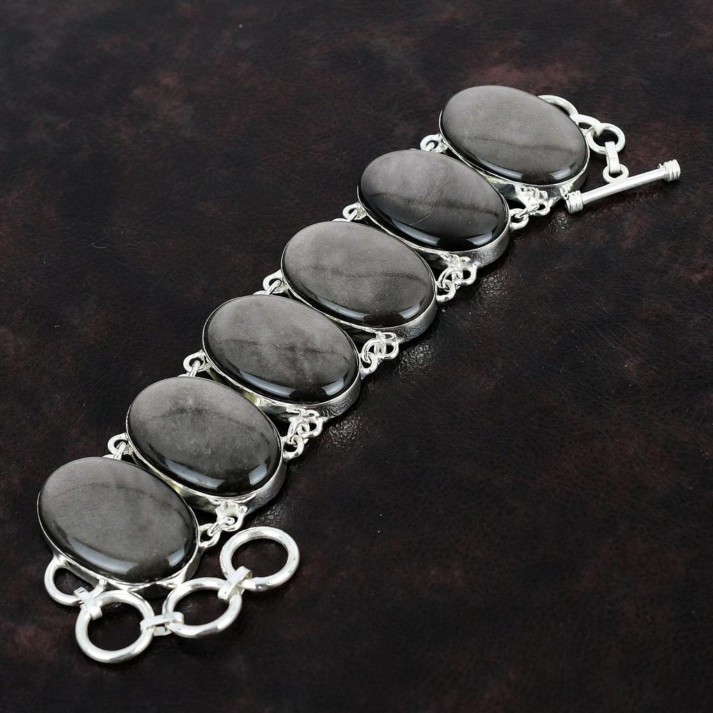 Серебряный браслет из обсидиана Браслет из стерлингового серебра 925 пробы Регулируемый браслет-цепочка Браслет из драгоценных камней ручной работы Дизайнерские украшения для подарков